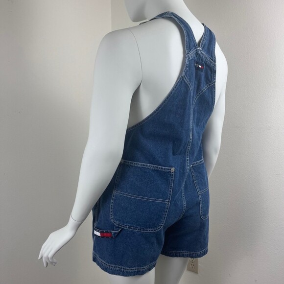 Tommy Women Size L Cotton Denim Shortall Bib Carpenter Short Jean Overalls Y2K - Picture 9 of 13